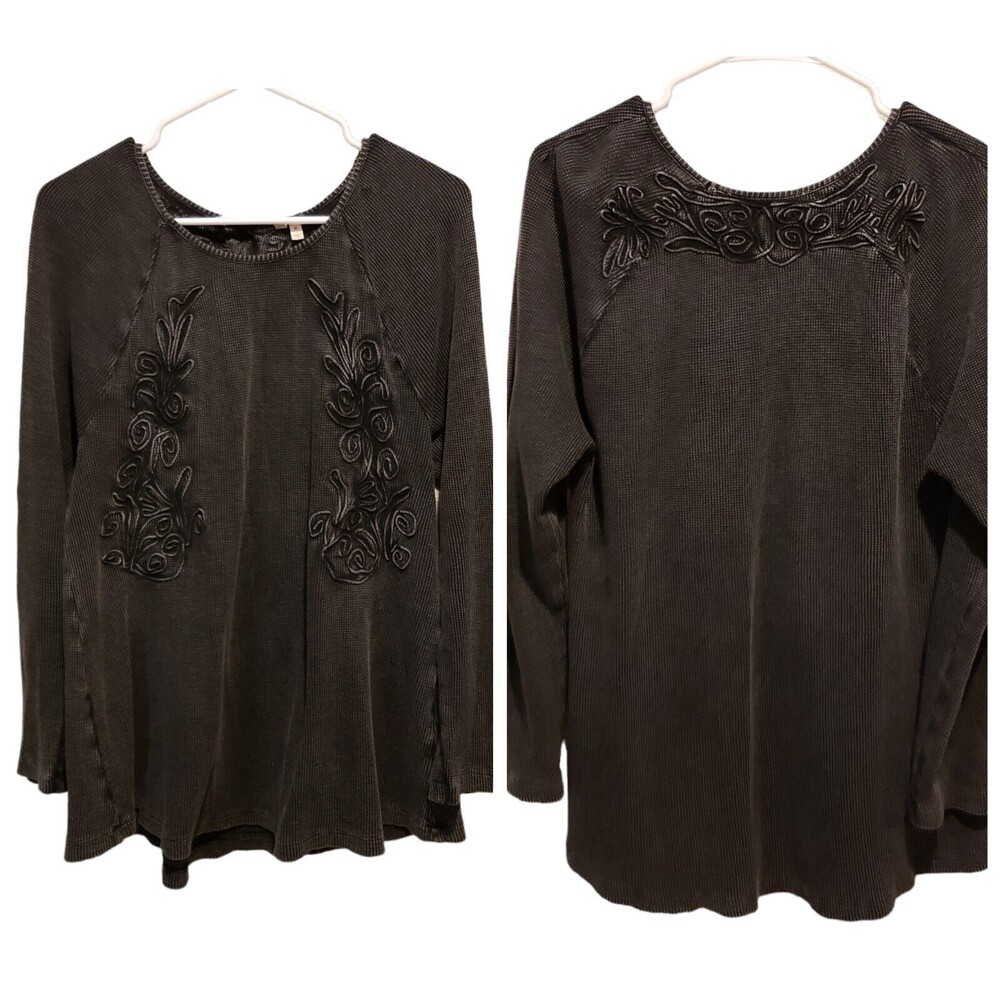Soft Surroundings Camden Waffle Knit Dark Charcoal Black Longsleeve Top Size PL